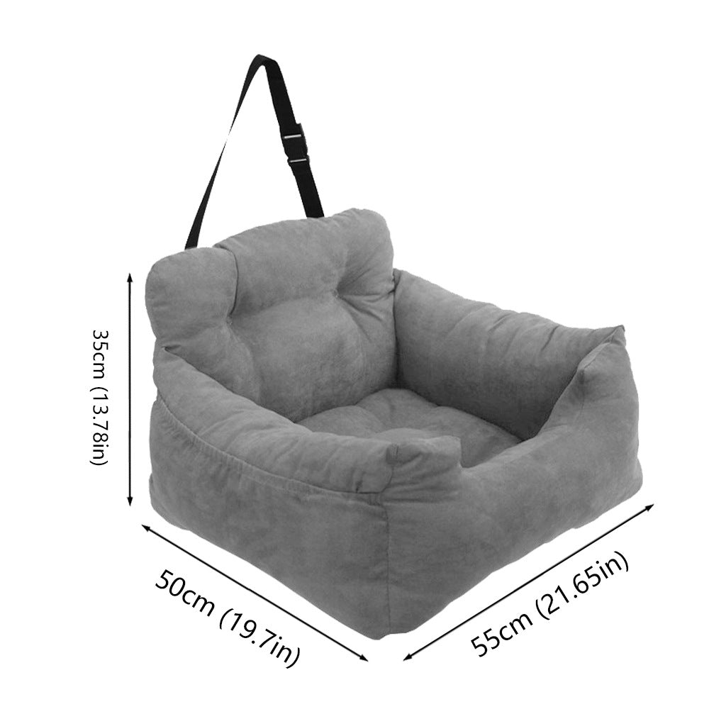 Gray plush dog car seat bed, angled view with dimensions