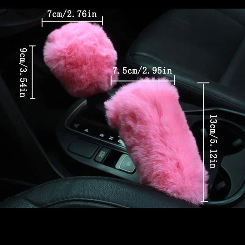 Pink car gear shift and handbrake cover with measurements on a black background