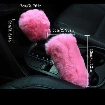 Pink car gear shift and handbrake cover with measurements on a black background