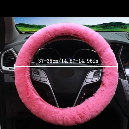 Pink steering wheel cover on a car steering wheel with size measurement.