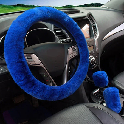 Blue steering wheel cover and gear shift cover on a car dashboard with a scenic background