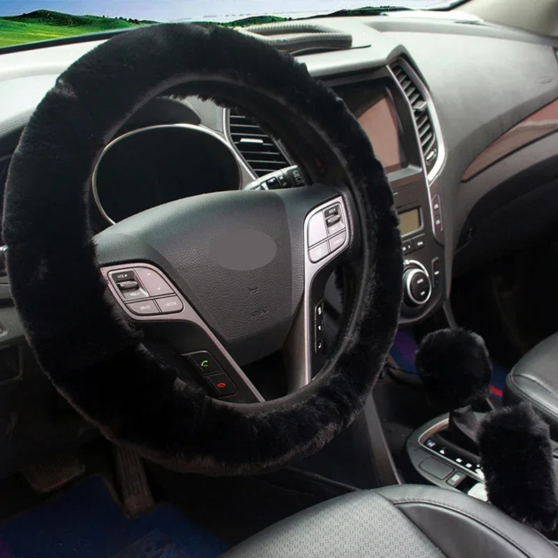 Steering wheel cover on a car steering wheel with dashboard in the background
