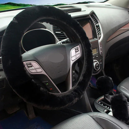 Steering wheel cover on a car steering wheel with dashboard in the background