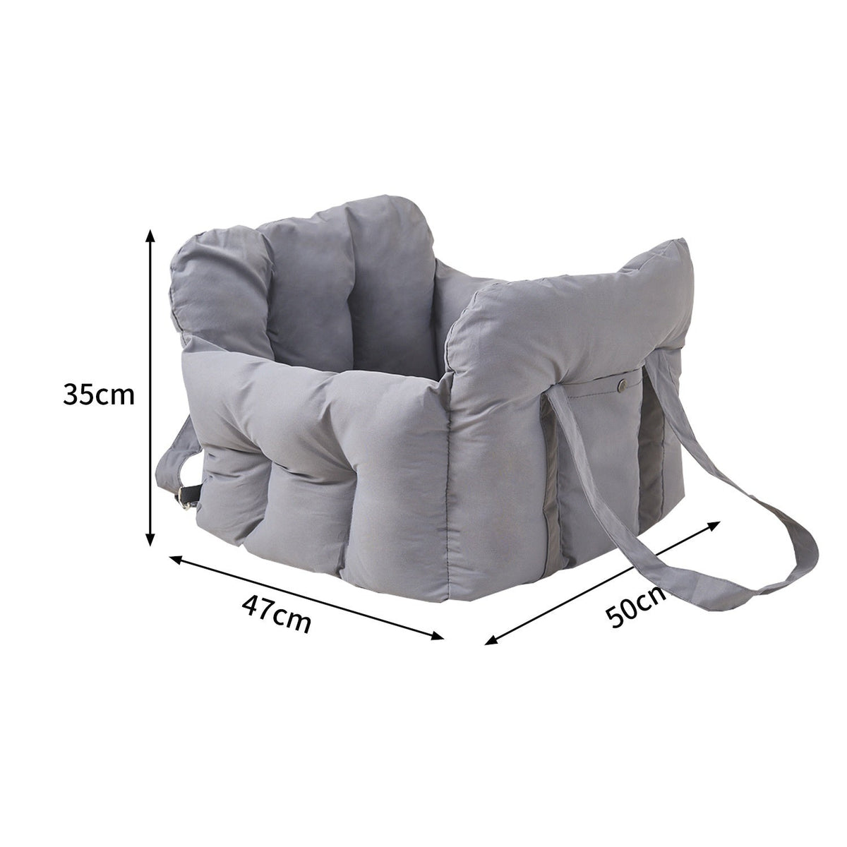 Gray quilted dog car seat bed with dimensions marked
