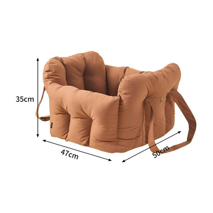 Caramel-brown quilted dog car seat bed, the Orange option, with dimensions