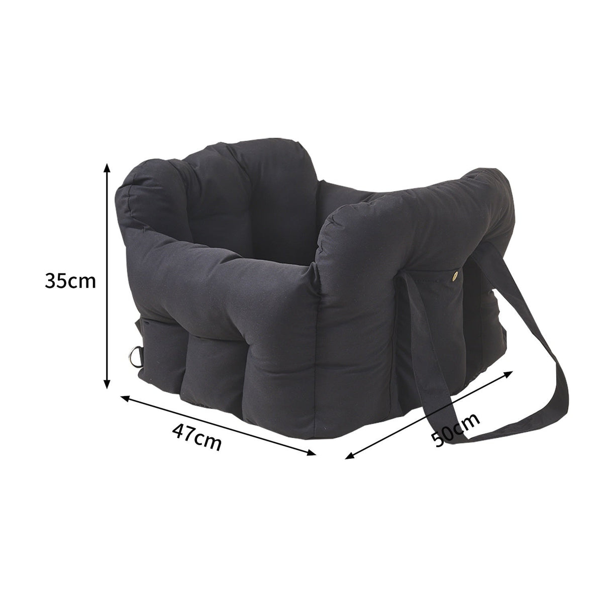 Black quilted dog car seat bed with dimensions marked
