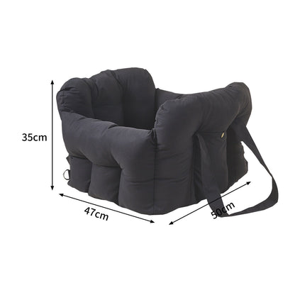 Black quilted dog car seat bed with dimensions marked