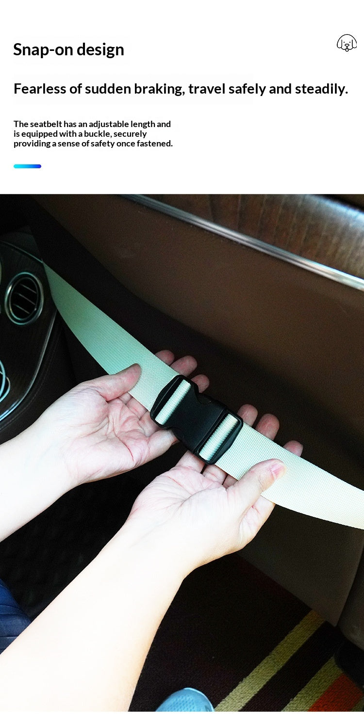 Hands fastening the dog seat bed buckle strap around a car seat
