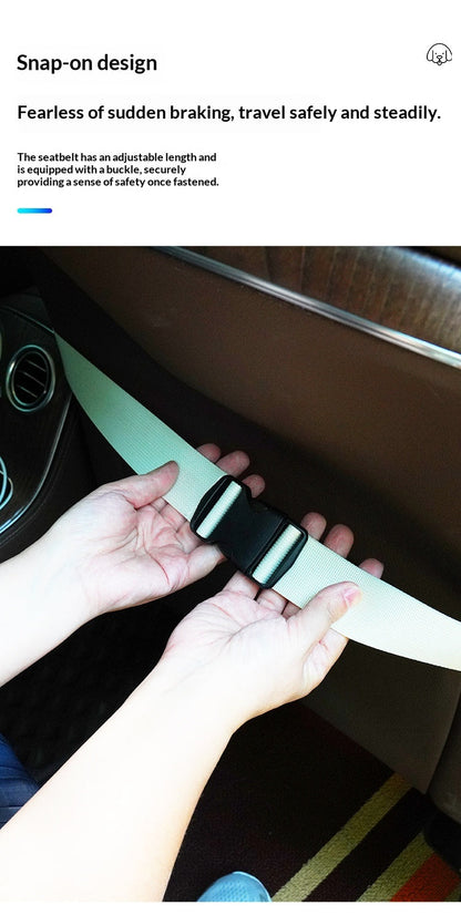 Hands fastening the dog seat bed buckle strap around a car seat