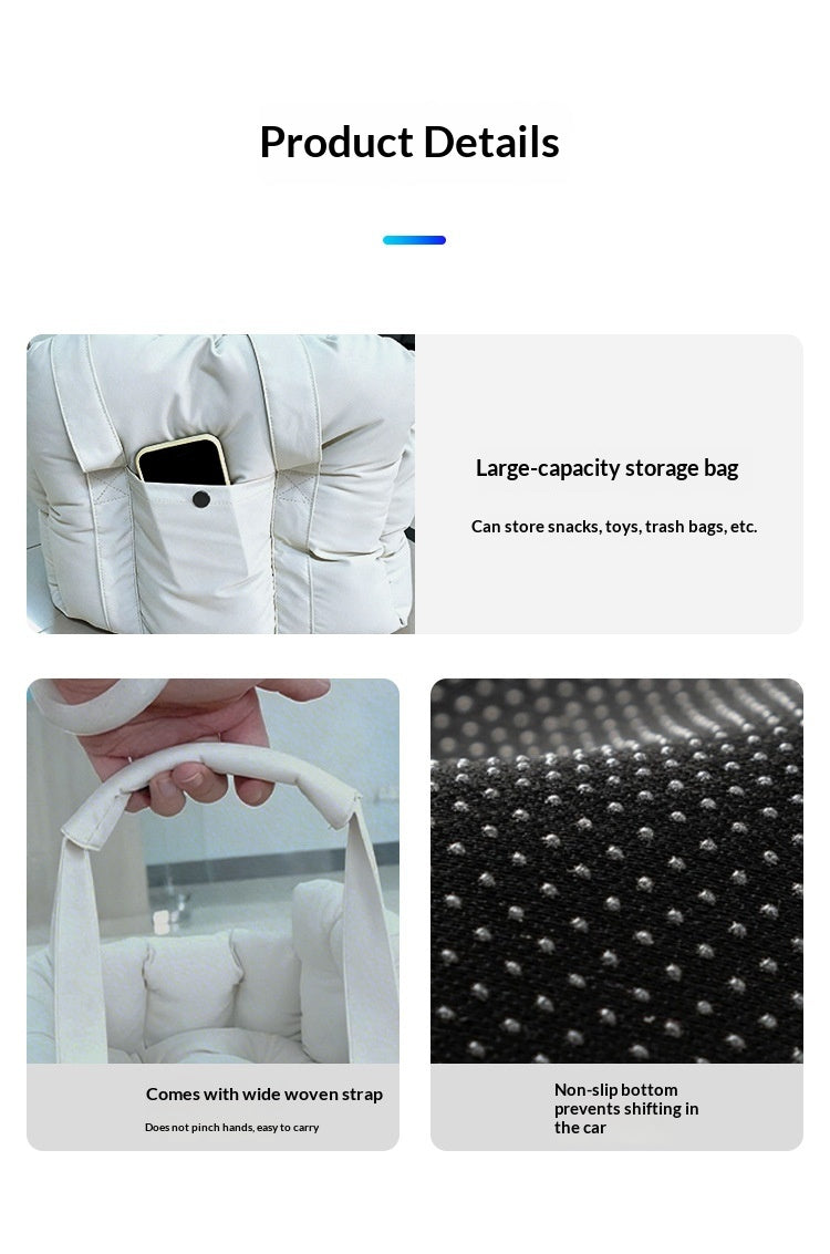 Detail views of the seat bed storage pocket, wide carry strap and non-slip base