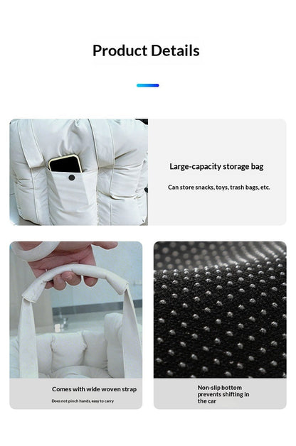 Detail views of the seat bed storage pocket, wide carry strap and non-slip base