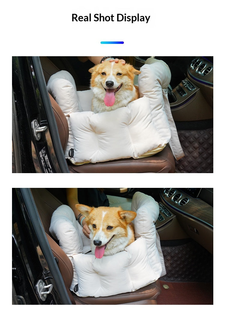 Corgi sitting in the white quilted dog seat bed on a car seat