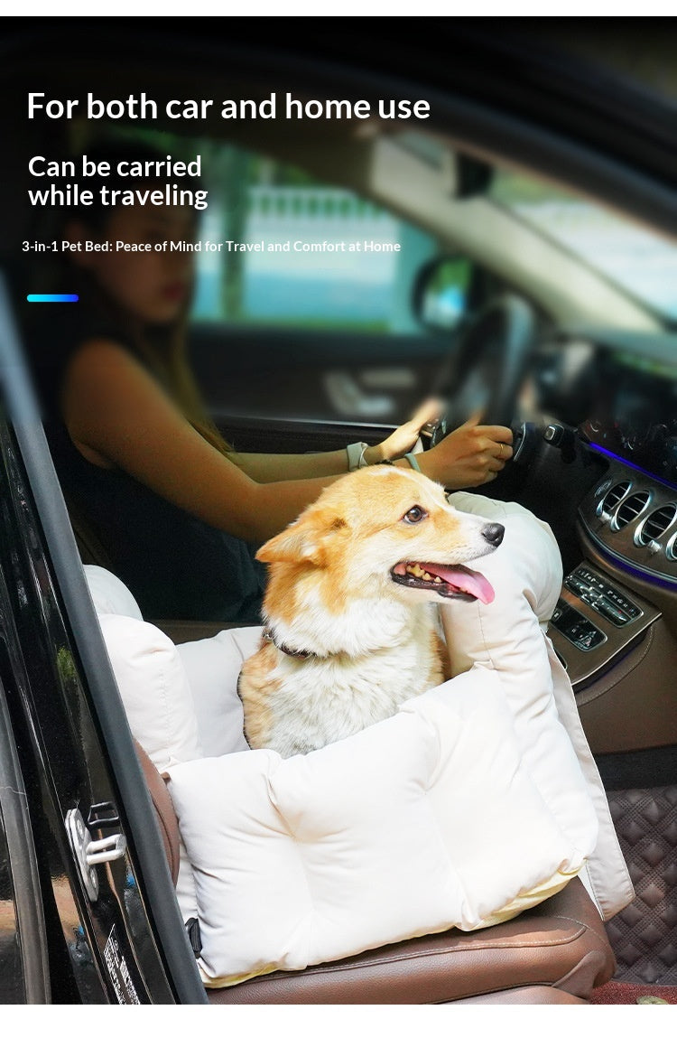 Corgi riding in the white seat bed on the passenger seat next to the driver