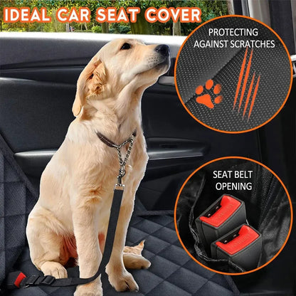 Golden retriever sitting on the quilted seat cover with scratch-protection and seat belt opening insets