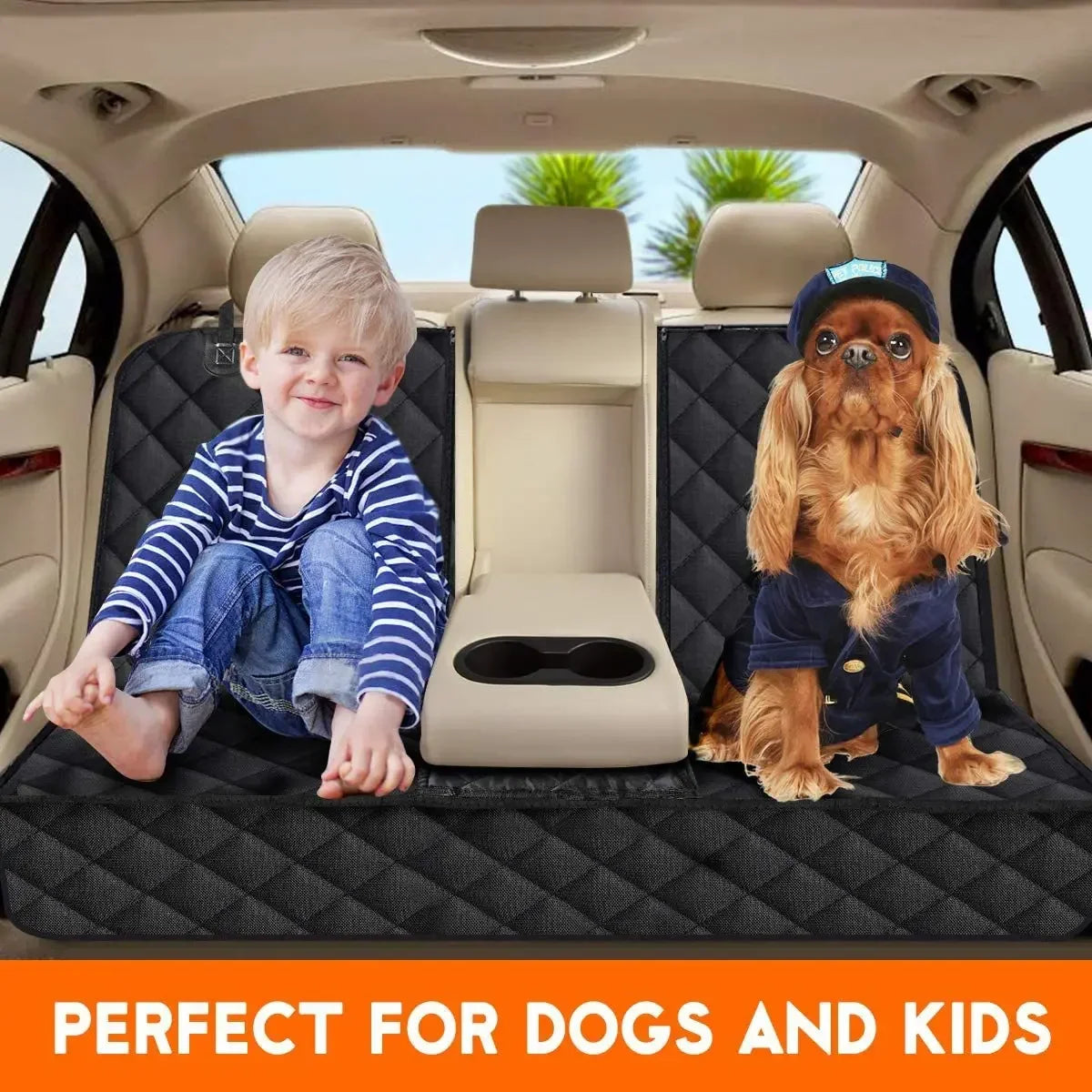 Child and small dog sitting on the black quilted rear seat cover