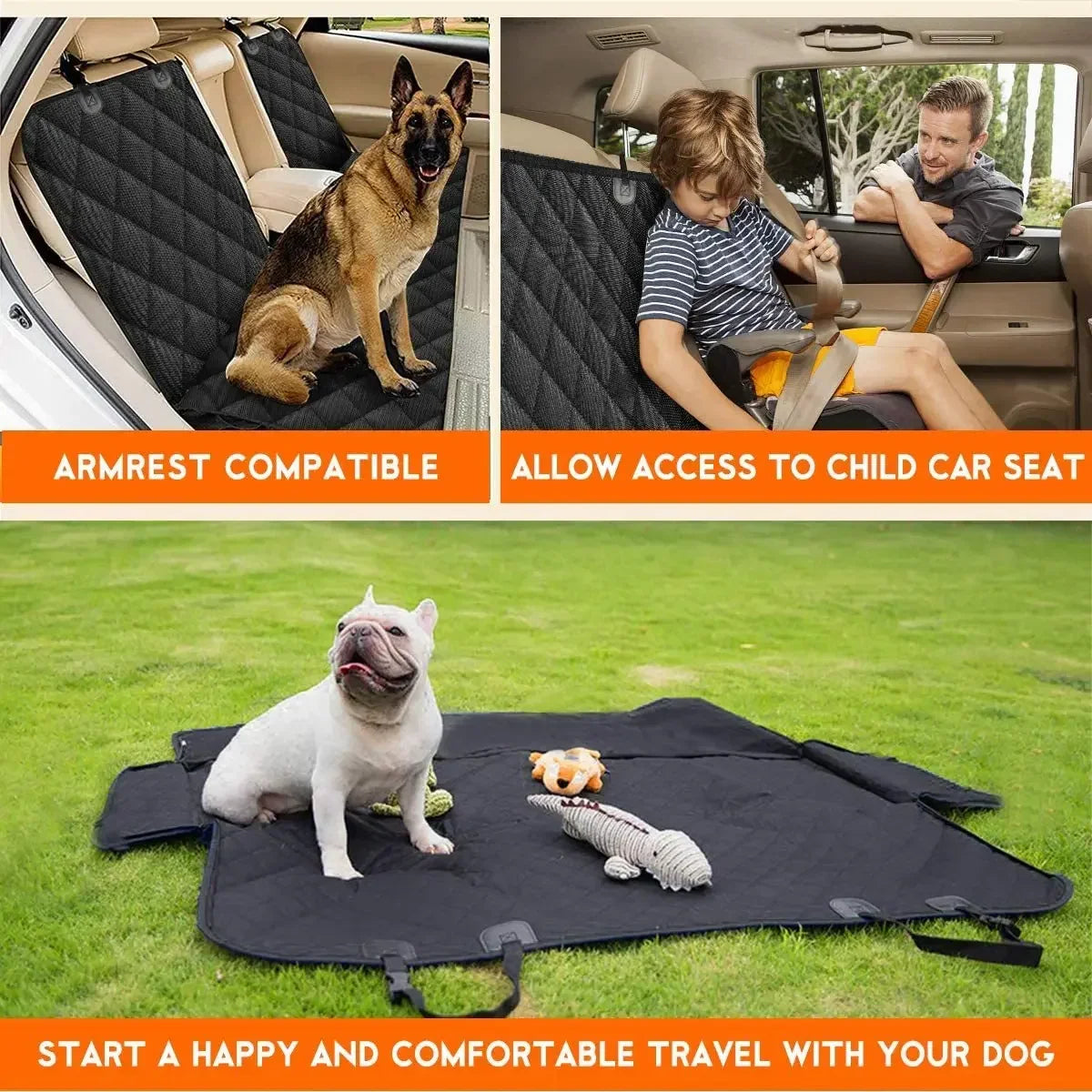 Quilted seat cover shown with armrest access, child car seat access and as an outdoor mat