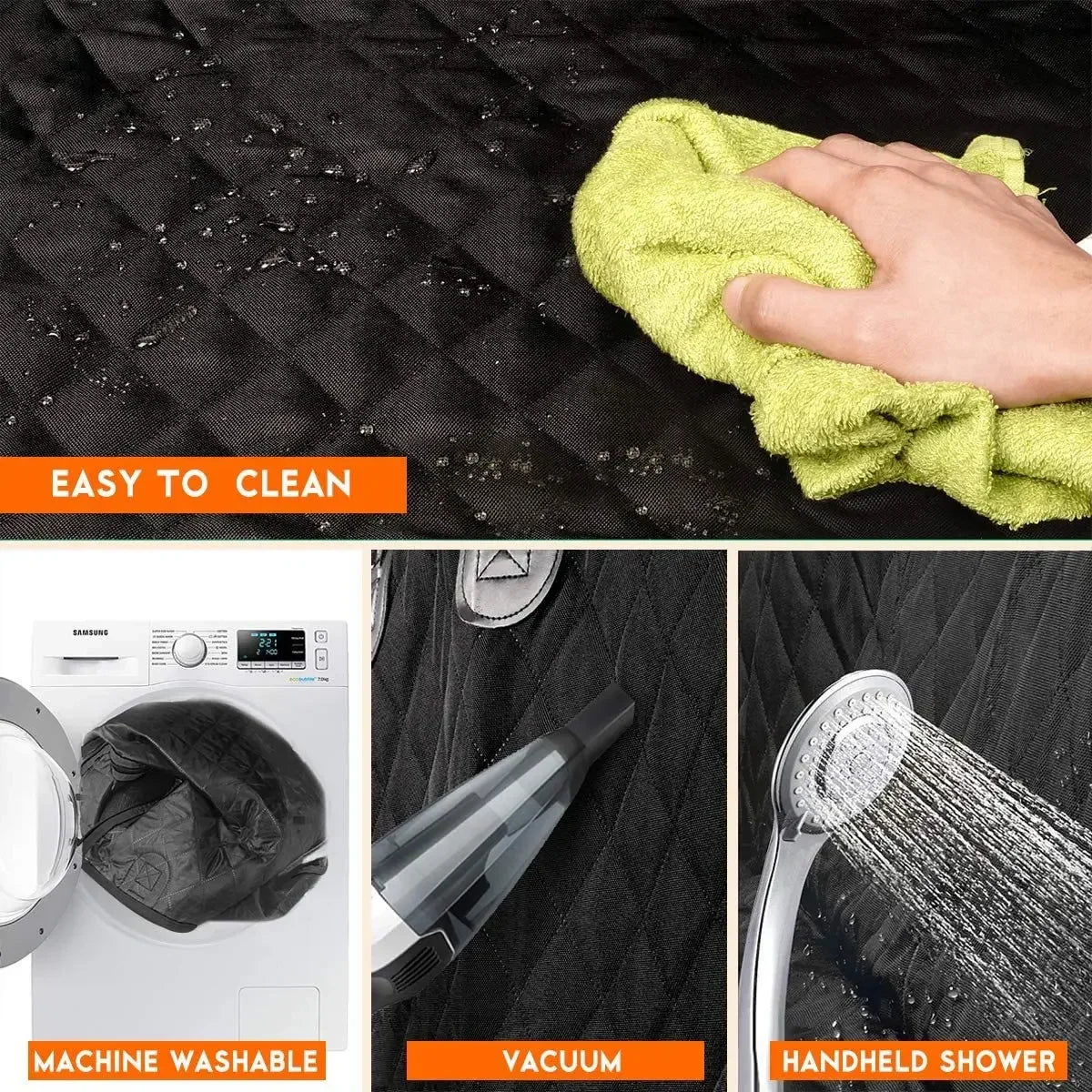 Cleaning the quilted dog hammock by wiping, machine washing, vacuuming and rinsing