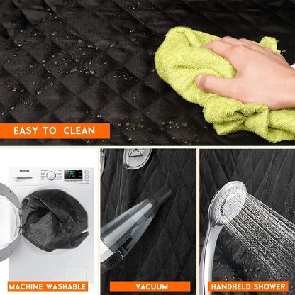 Cleaning the quilted dog hammock by wiping, machine washing, vacuuming and rinsing