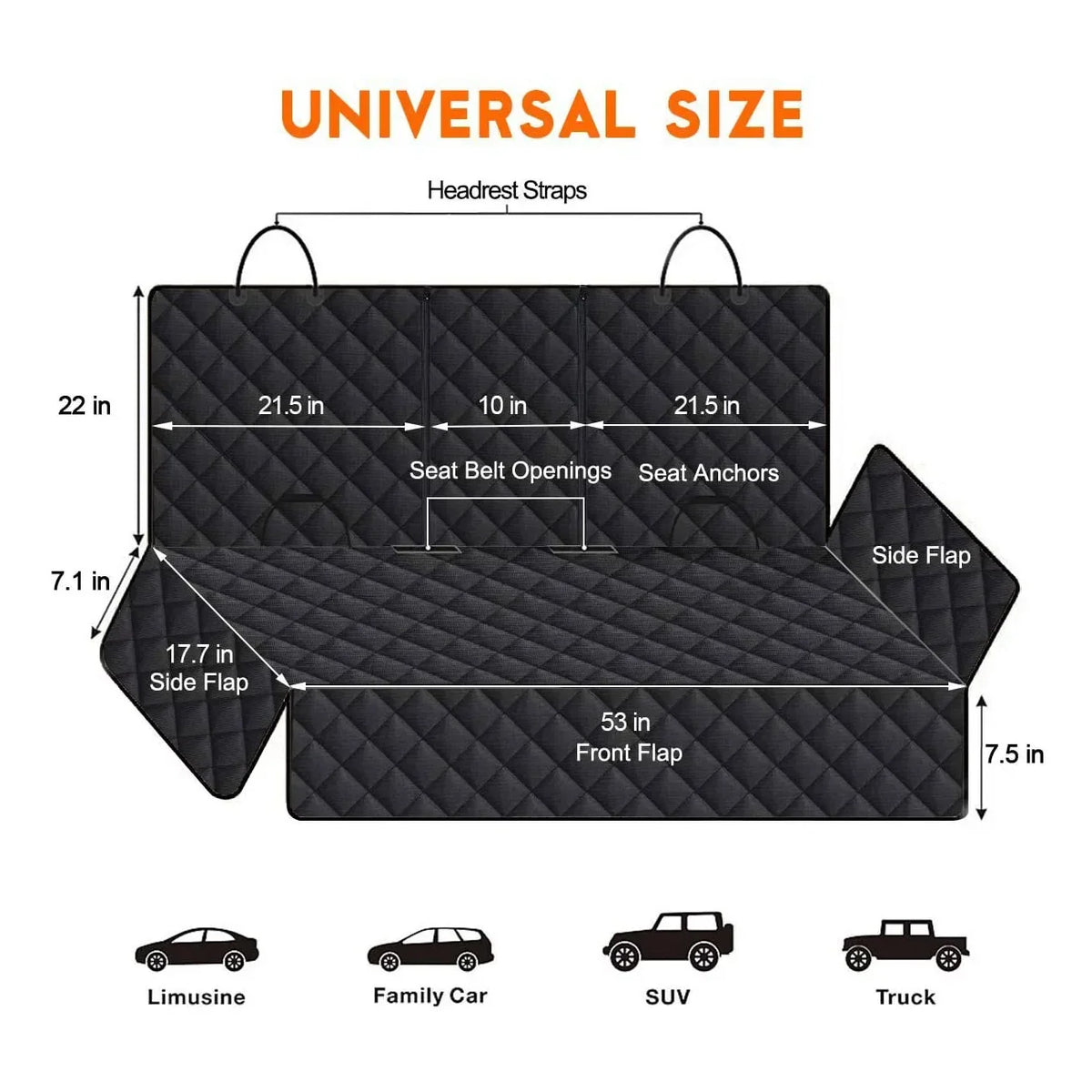 Dog hammock seat cover dimensions diagram with side flaps and front flap