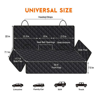 Dog hammock seat cover dimensions diagram with side flaps and front flap