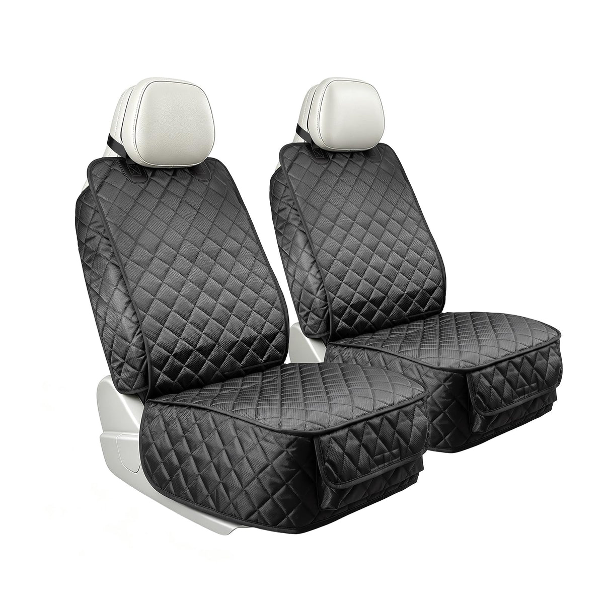 Two black quilted front seat covers installed on car seats