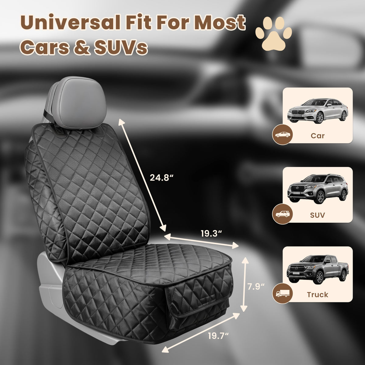 Front seat cover dimensions: 24.8 in back, 19.3 in width, 19.7 in depth, with vehicle types