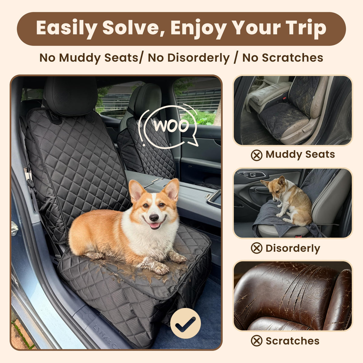Corgi sitting on a quilted front seat cover, with muddy seat and scratch examples