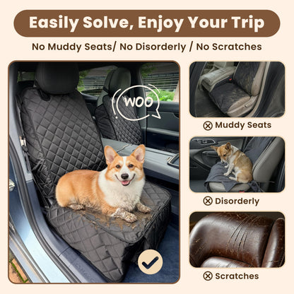 Corgi sitting on a quilted front seat cover, with muddy seat and scratch examples