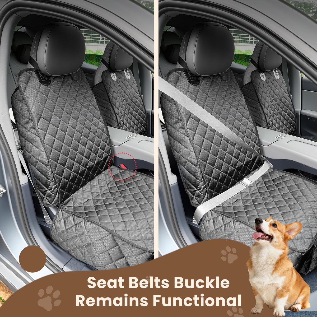 Seat belt buckle remaining usable through the front seat cover, with a corgi