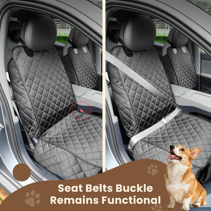 Seat belt buckle remaining usable through the front seat cover, with a corgi