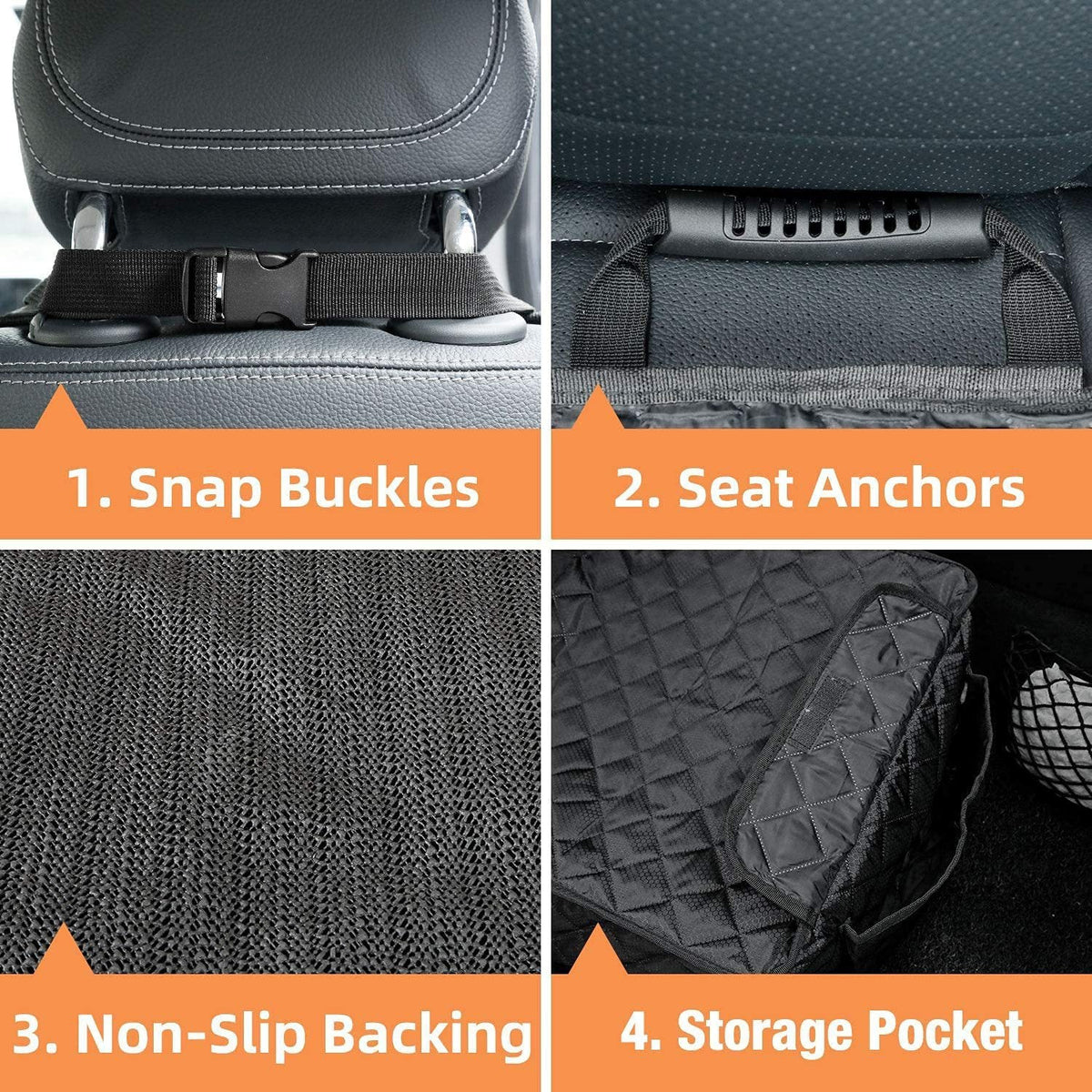 Snap buckles, seat anchors, non-slip backing and storage pocket on the seat cover