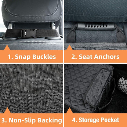 Snap buckles, seat anchors, non-slip backing and storage pocket on the seat cover