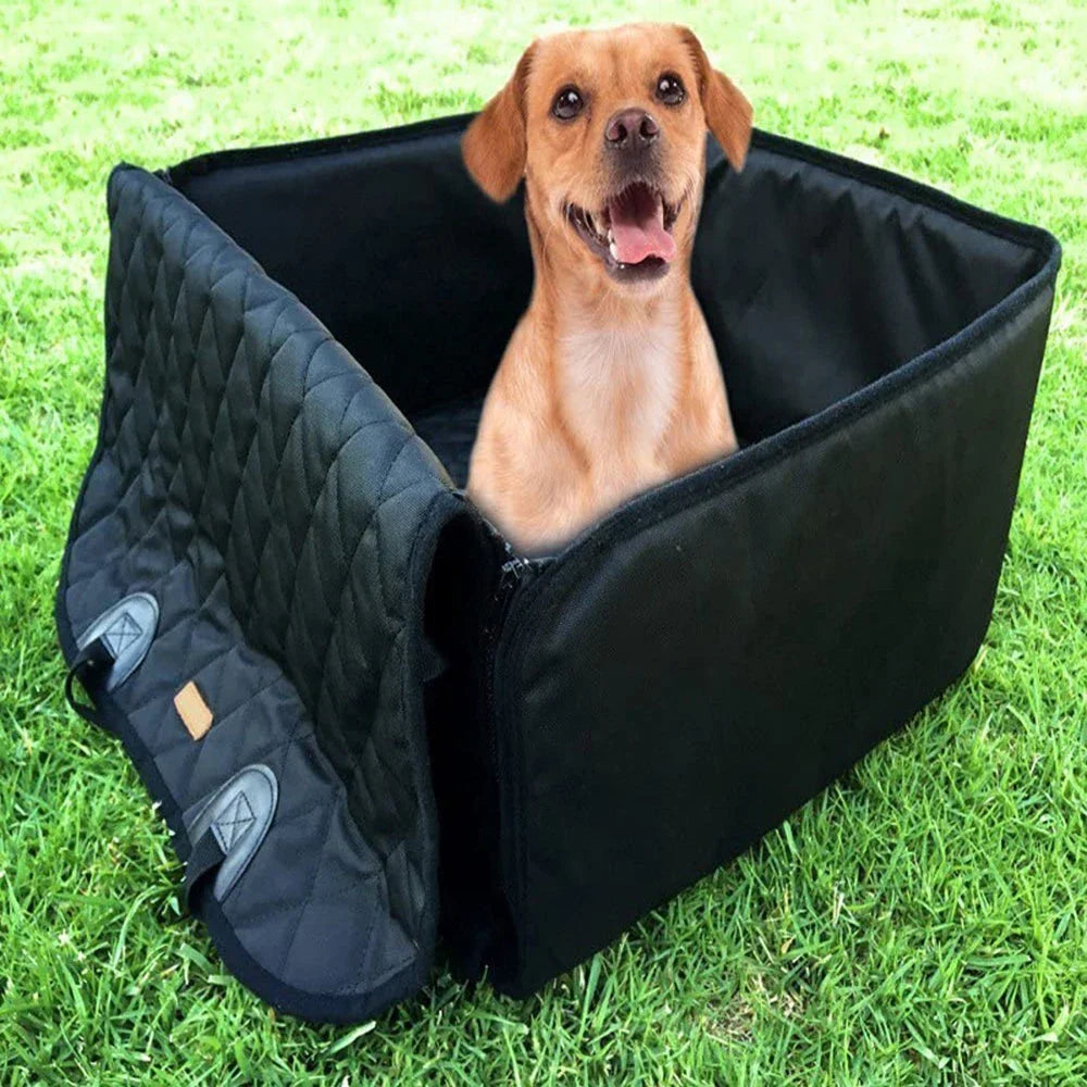 Dog standing inside the black quilted seat cover with sides raised