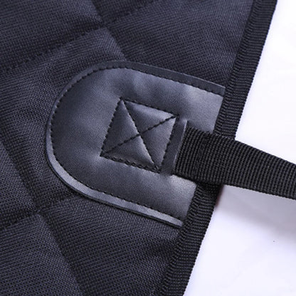 Close-up of the strap and reinforced tab on the black Oxford cloth seat cover
