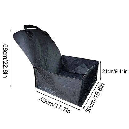 Black front seat dog cover with 45 x 50 cm base, 58 cm back and 24 cm side dimensions