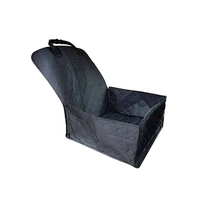Black quilted front seat dog cover with raised sides, angled view