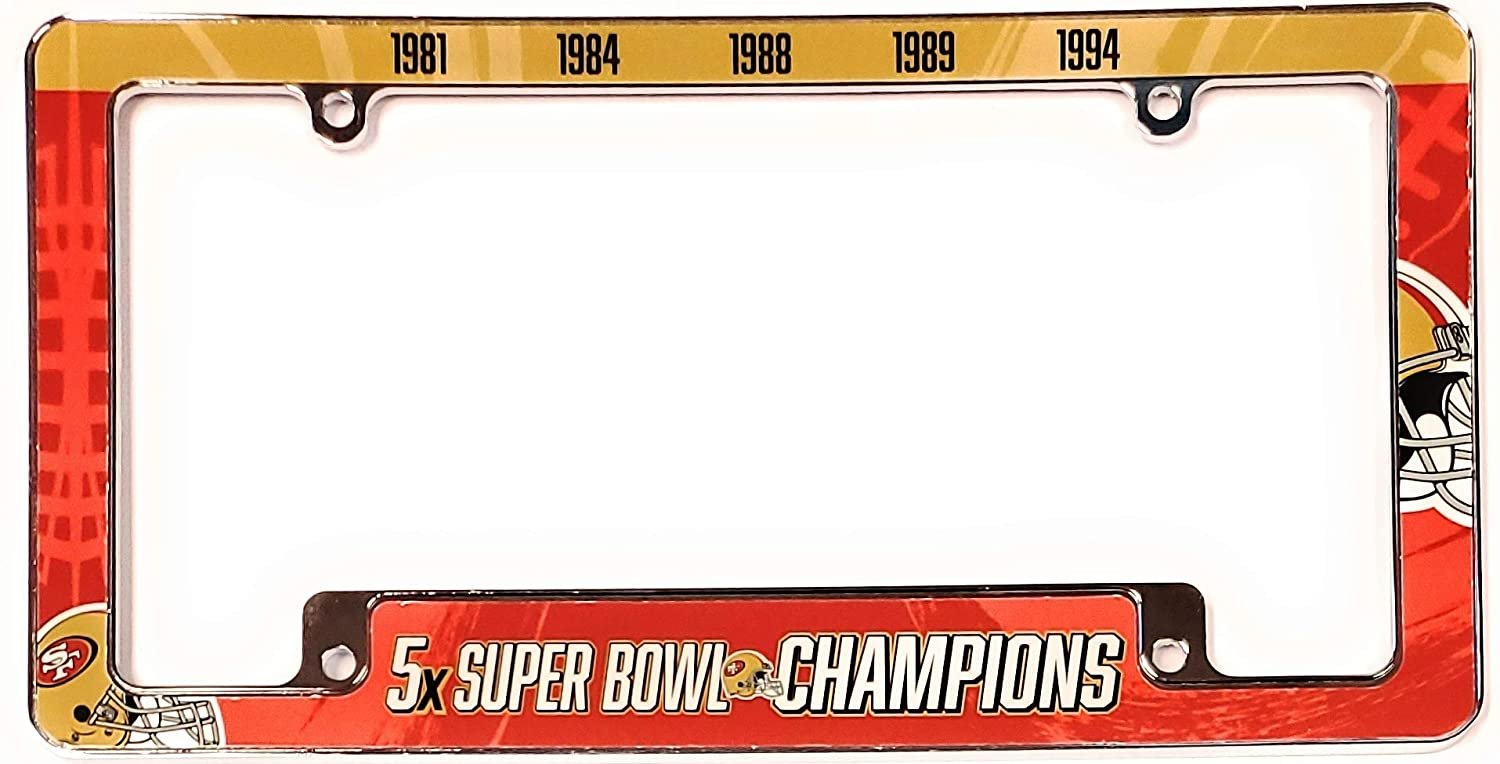 San Francisco 49ers 5X Time Champions Metal License Plate Frame Chrome Tag Cover, All Over Design, 6x12 Inch