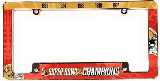 San Francisco 49ers 5X Time Champions Metal License Plate Frame Chrome Tag Cover, All Over Design, 6x12 Inch