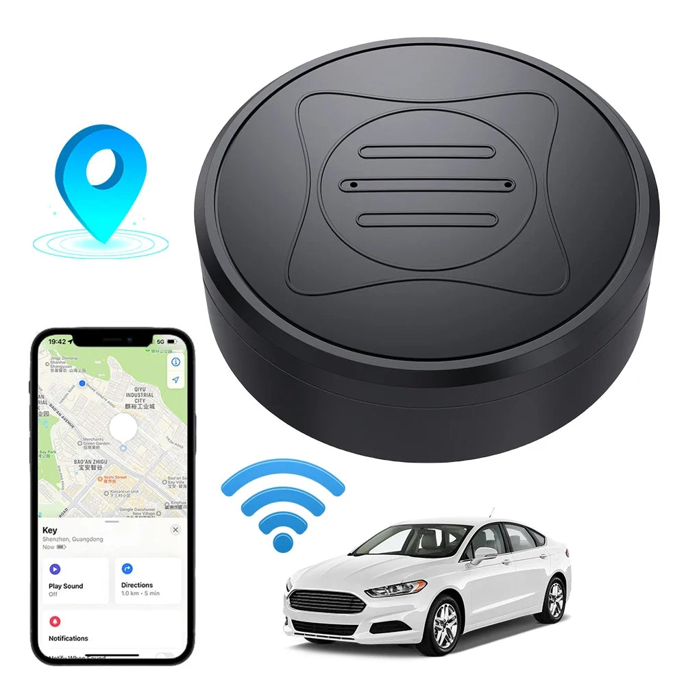 Black GPS tracker with smartphone app and car icon on a white background