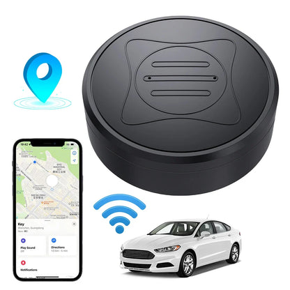 Black GPS tracker with smartphone app and car icon on a white background