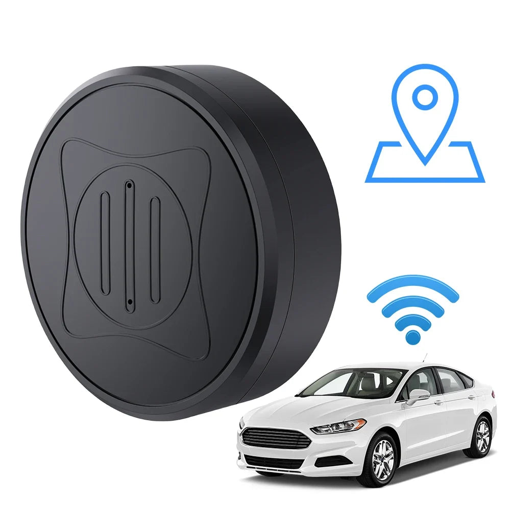 Black GPS tracker with a car and location and Wi-Fi icons on a white background