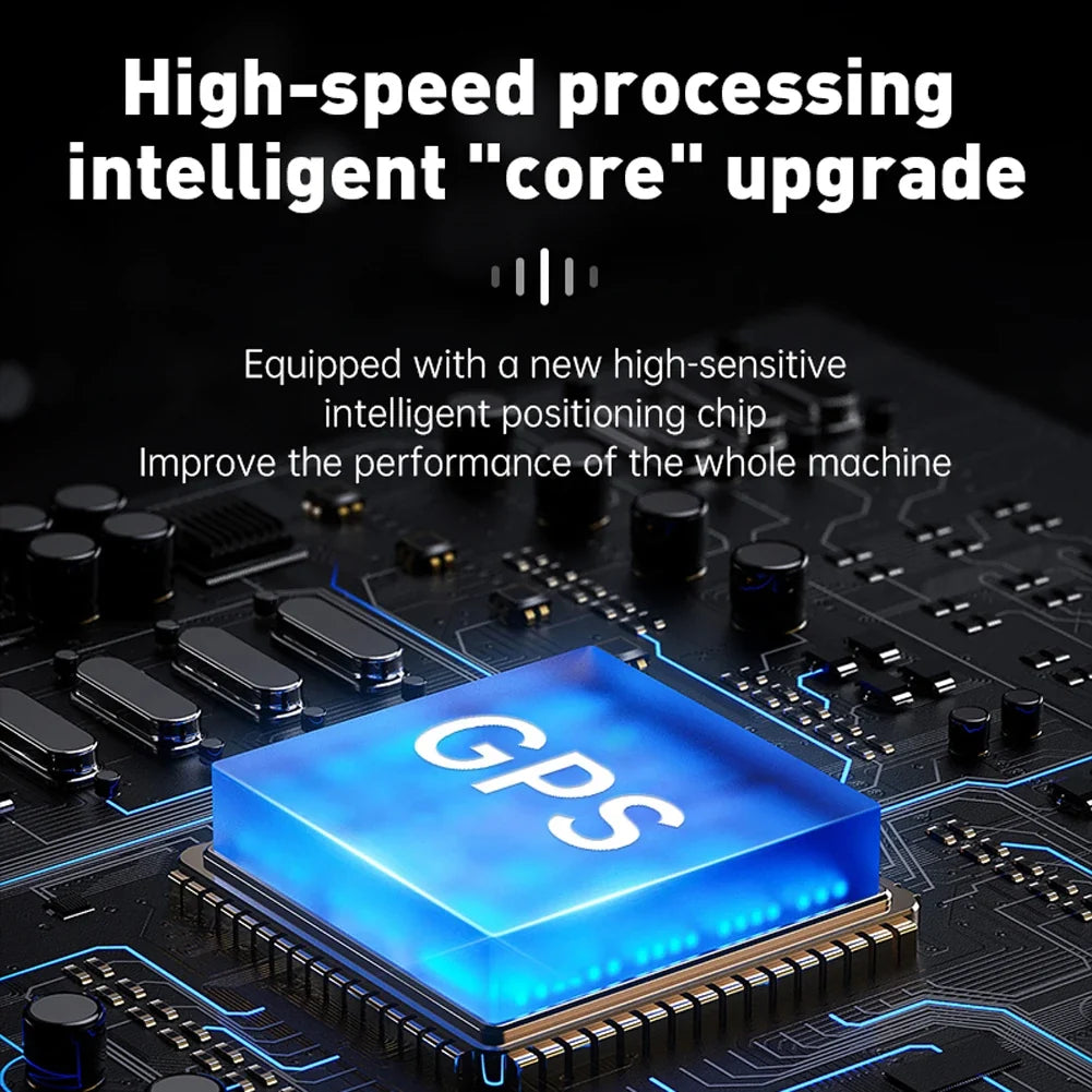 Electronic component with 'GPS' label on a circuit board, text about high-speed processing and upgrade.
