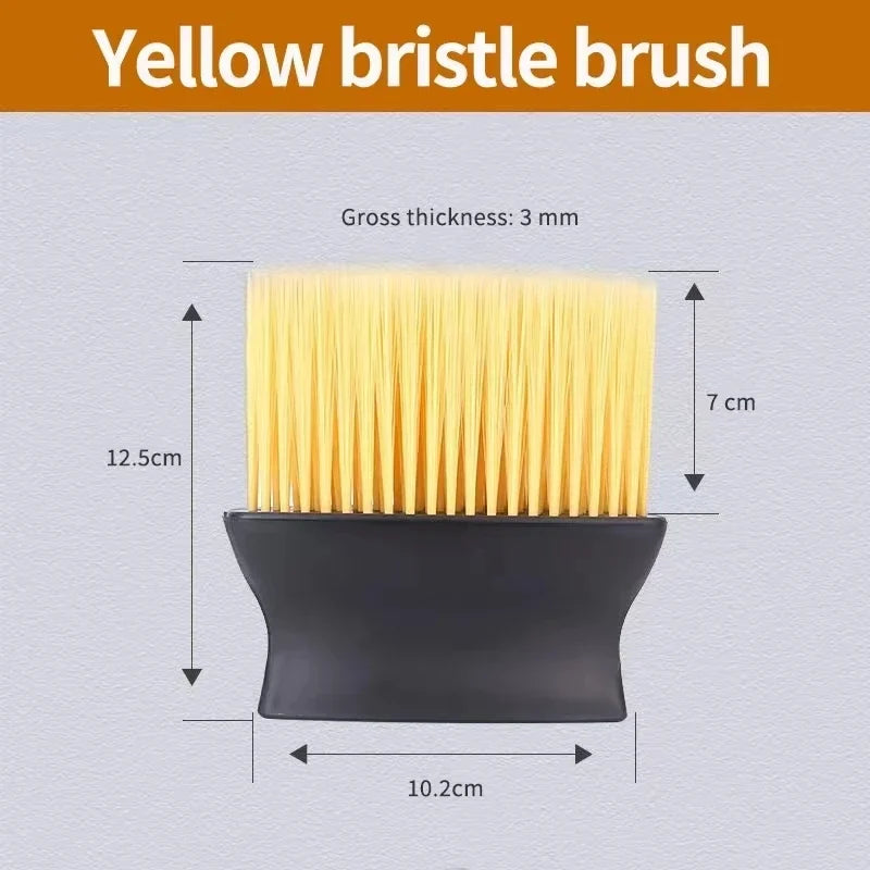 Yellow bristle brush with dimensions on a gray background