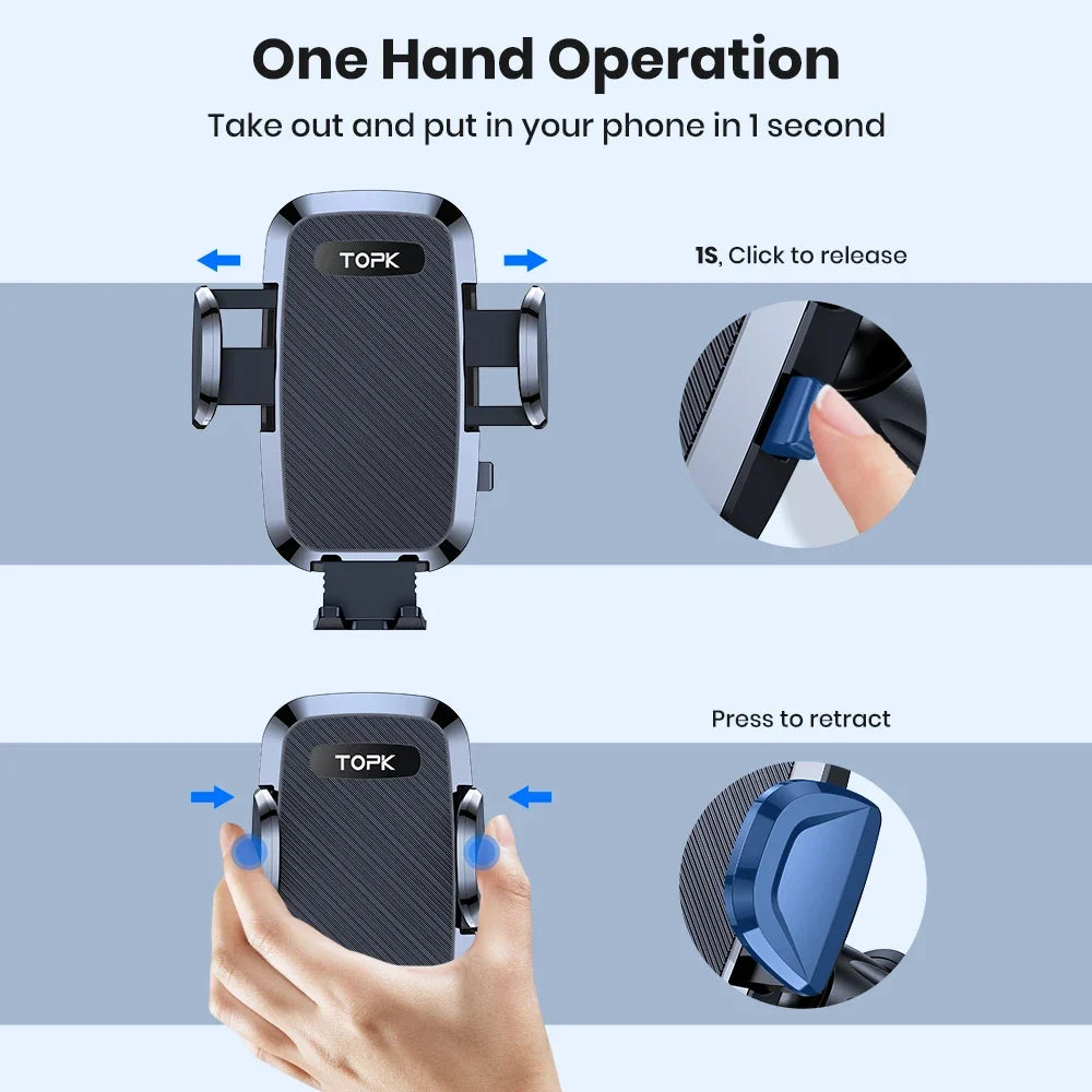 Topk phone holder with one hand operation features on a blue background