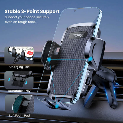 Car phone holder with charging port, retractable tray, and soft foam pad on a blue gradient background.