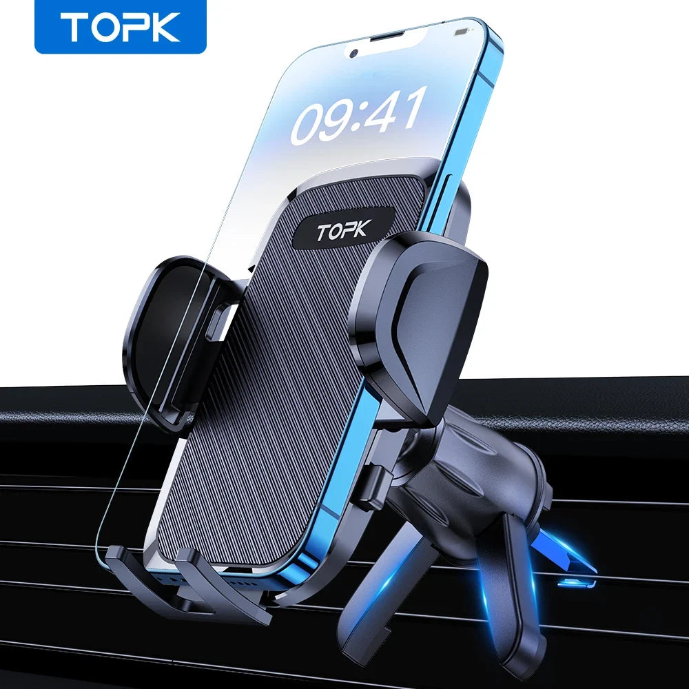 Topk car phone holder with smartphone displaying time on a white background