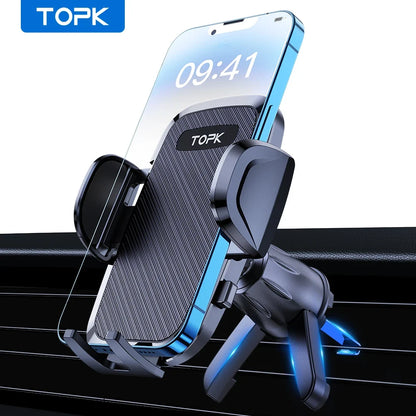 Topk car phone holder with smartphone displaying time on a white background
