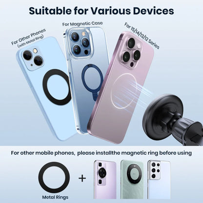 Smartphone with magnetic case and metal ring compatibility chart on a light blue background