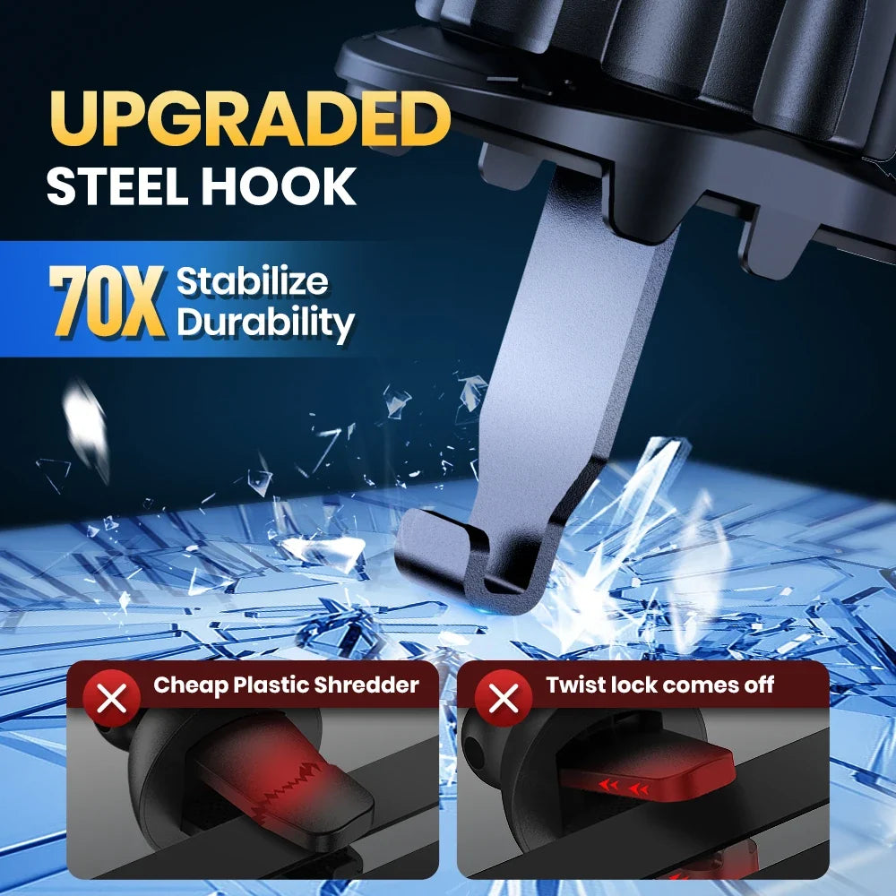 Upgraded steel hook with 70x durability feature, showing strength against shattered glass.