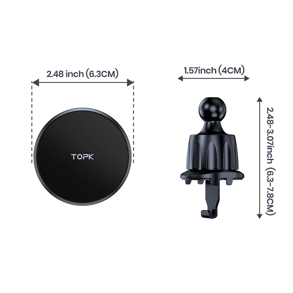 Black car phone holder with dimensions labeled on a white background